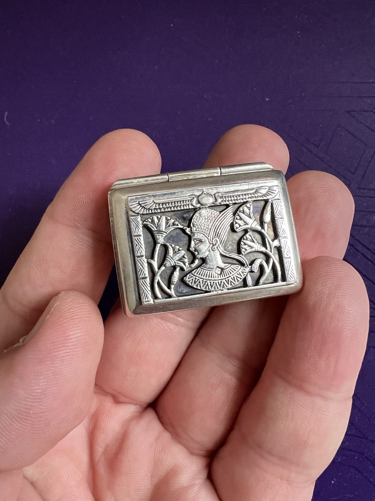 Superb Solid Silver Egyptian Revival Pill / Snuff Box Pharaoh