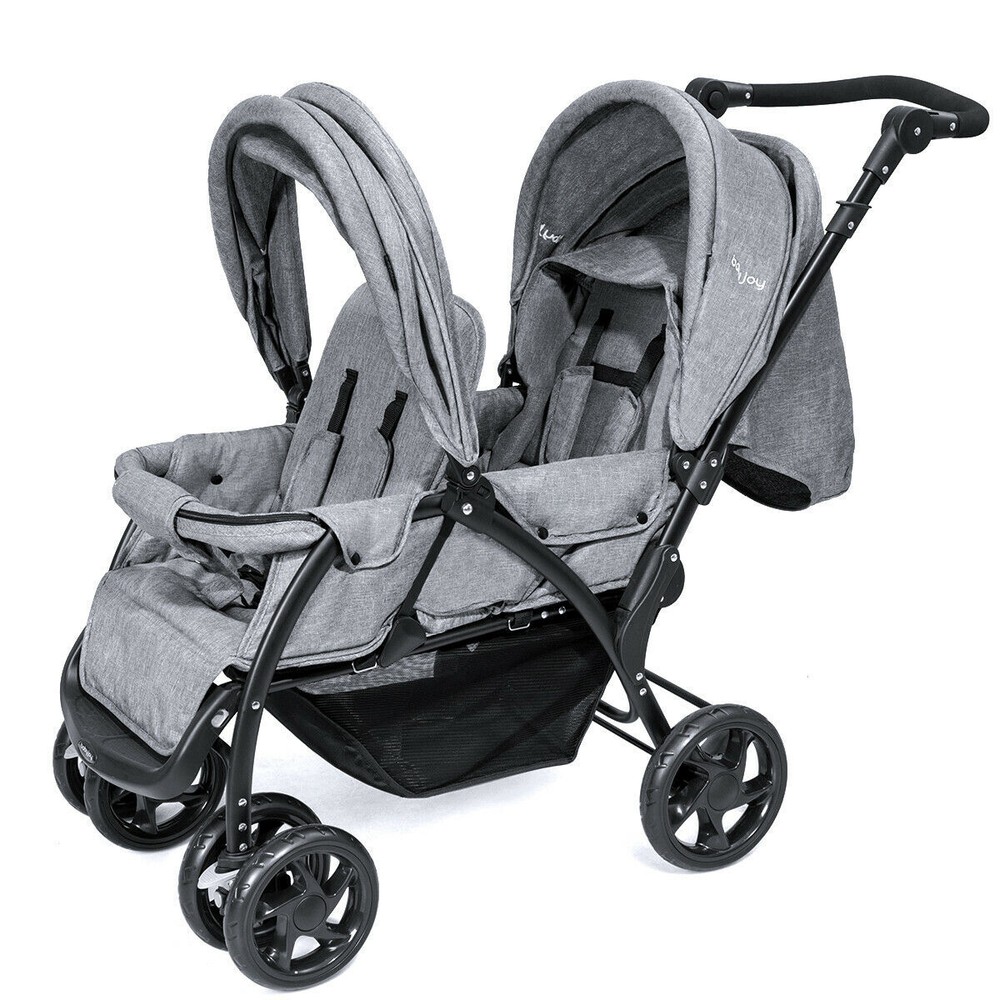 Foldable Double Baby Stroller Lightweight Front & Back Seats Pushchair Gray