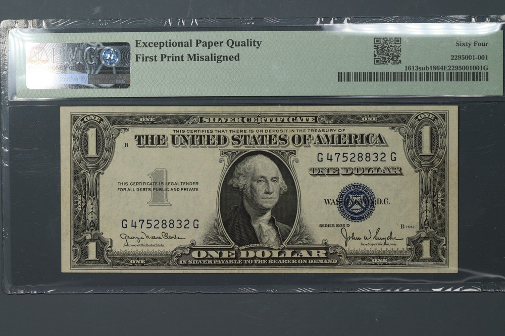 1935 D $1 SILVER CERTIFICATE ERROR NOTE PMG 64 EPQ MISALIGNMENT ERROR