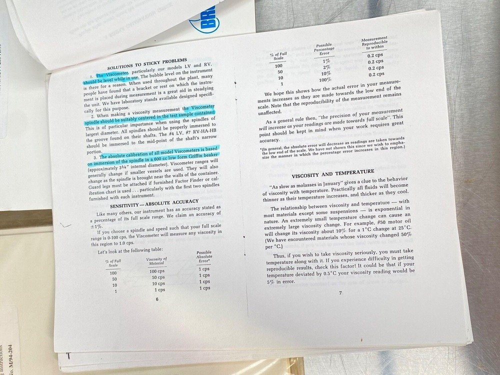 Brookfield Thermosel/ 75 Temperature Controller/ Viscosity - Users Manual / Book