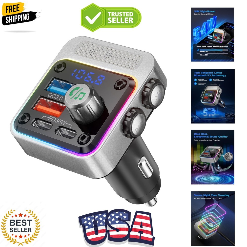 54W Bluetooth 5.3 Car Adapter with 4 Charging Ports [PD 36W & QC3.0 18W], Wir...