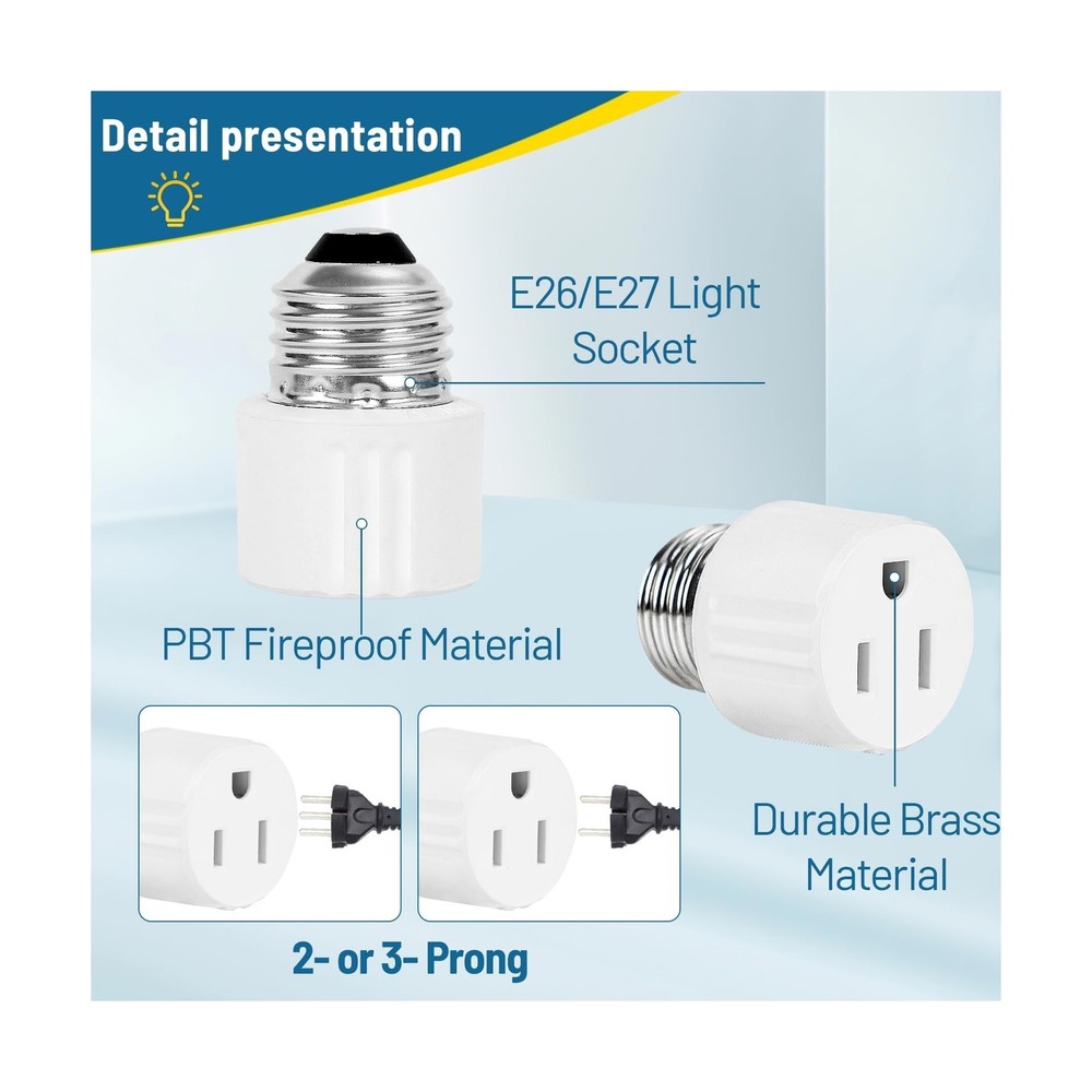 3-Prong Light Socket to Plug Adapter,E26/E27 Light Socket Outlet,2/3 Prong Ou...