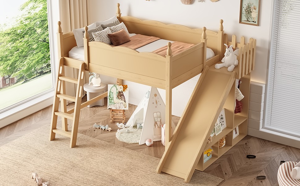 Full Solid Wood Loft Bed Frame with Storage Shelves Wardrobe & Detachable Slide