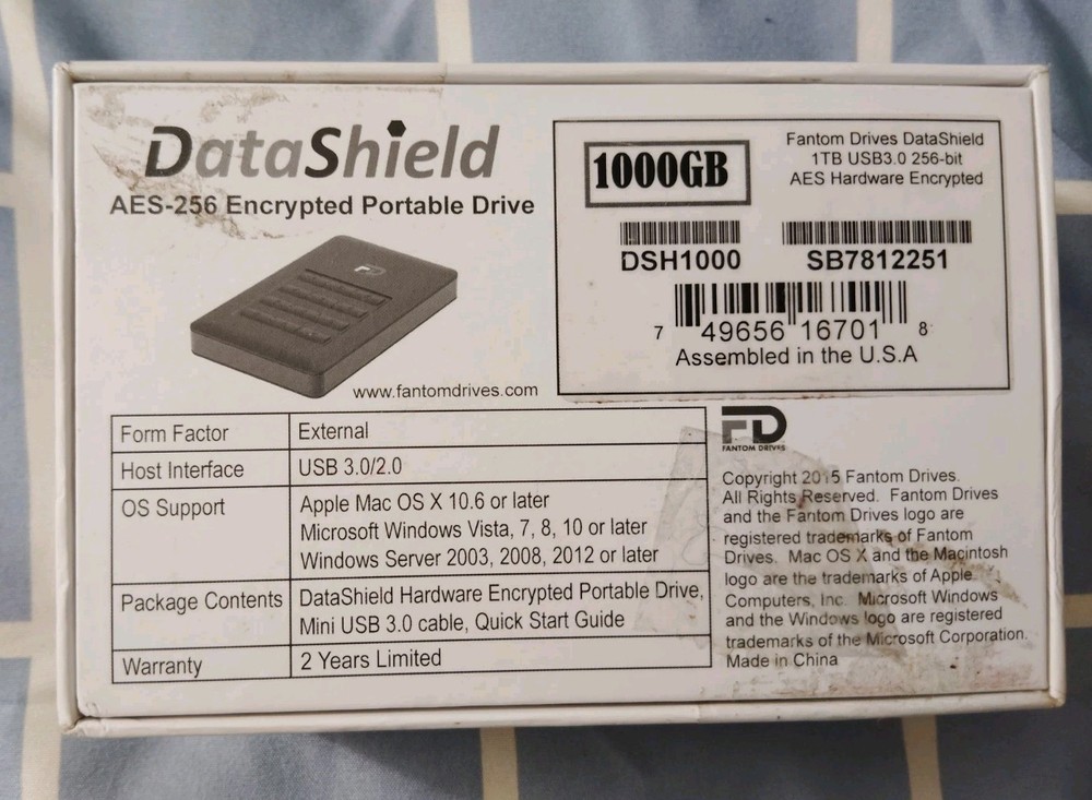Fantom Drives 1TB DataShield DSH1000 256-Bit AES Encrypted HD -
