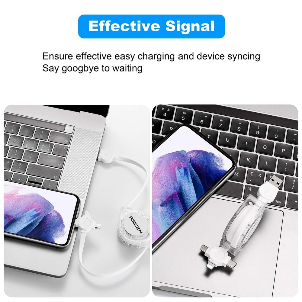 3 in 1 Retractable Multi Charging Cable, 2Pack Fast Cord White