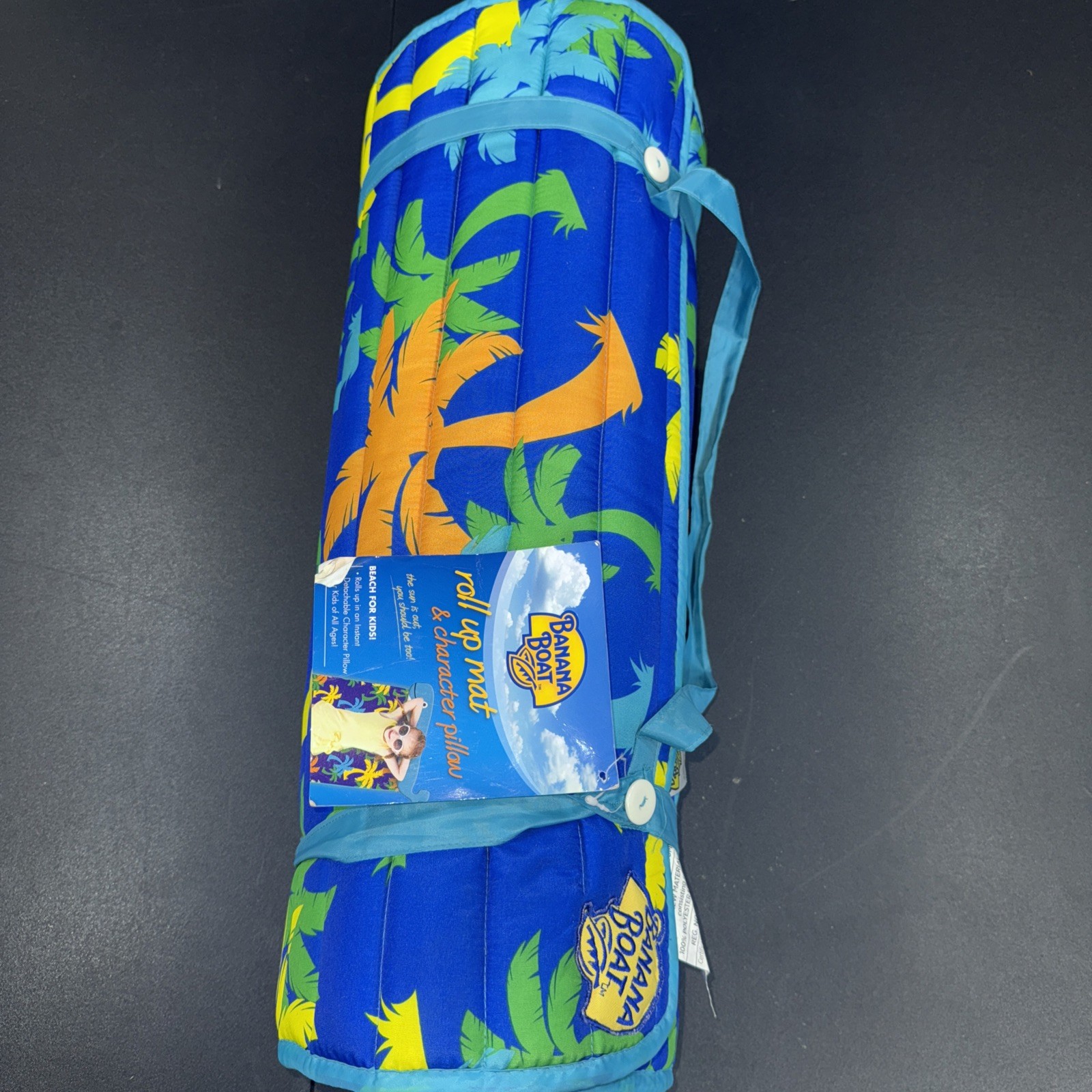 Banana Boat Roll Up Beach Mat w/ Fish Plush Pillow 47"x 24" Blue Orange Camping