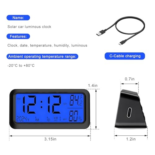 Car Digital Dashboard Clock, Solar Power Rechargeable Vehicle Electronic Clock