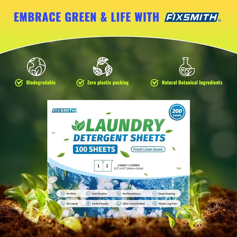 FIXSMITH Laundry Detergent Sheets - 200 Loads (100 Sheets) Fresh Linen Scent