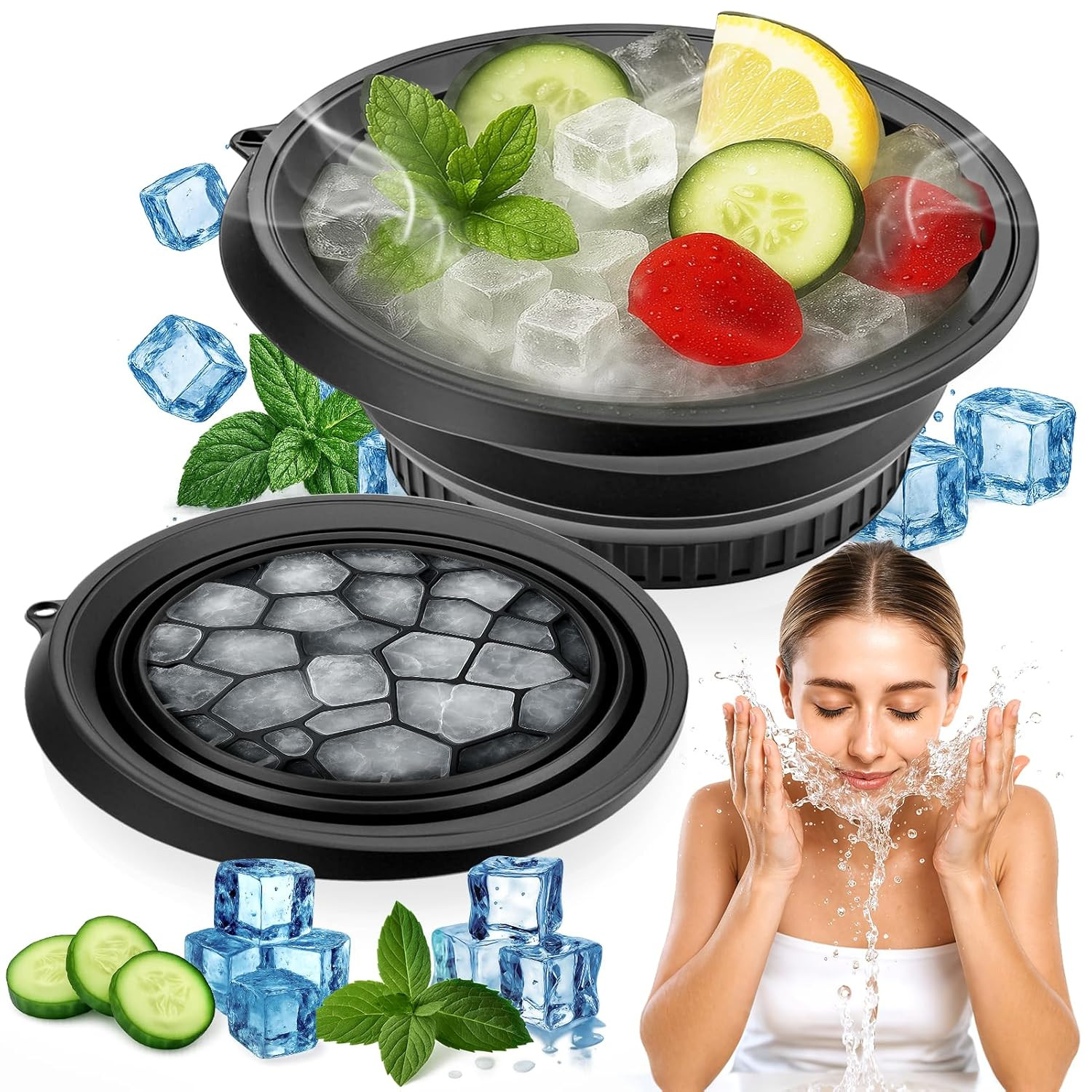 XANGNIER Face Bowl for Ice with Built-In Ice Tray – Collapsible Silicone Facial