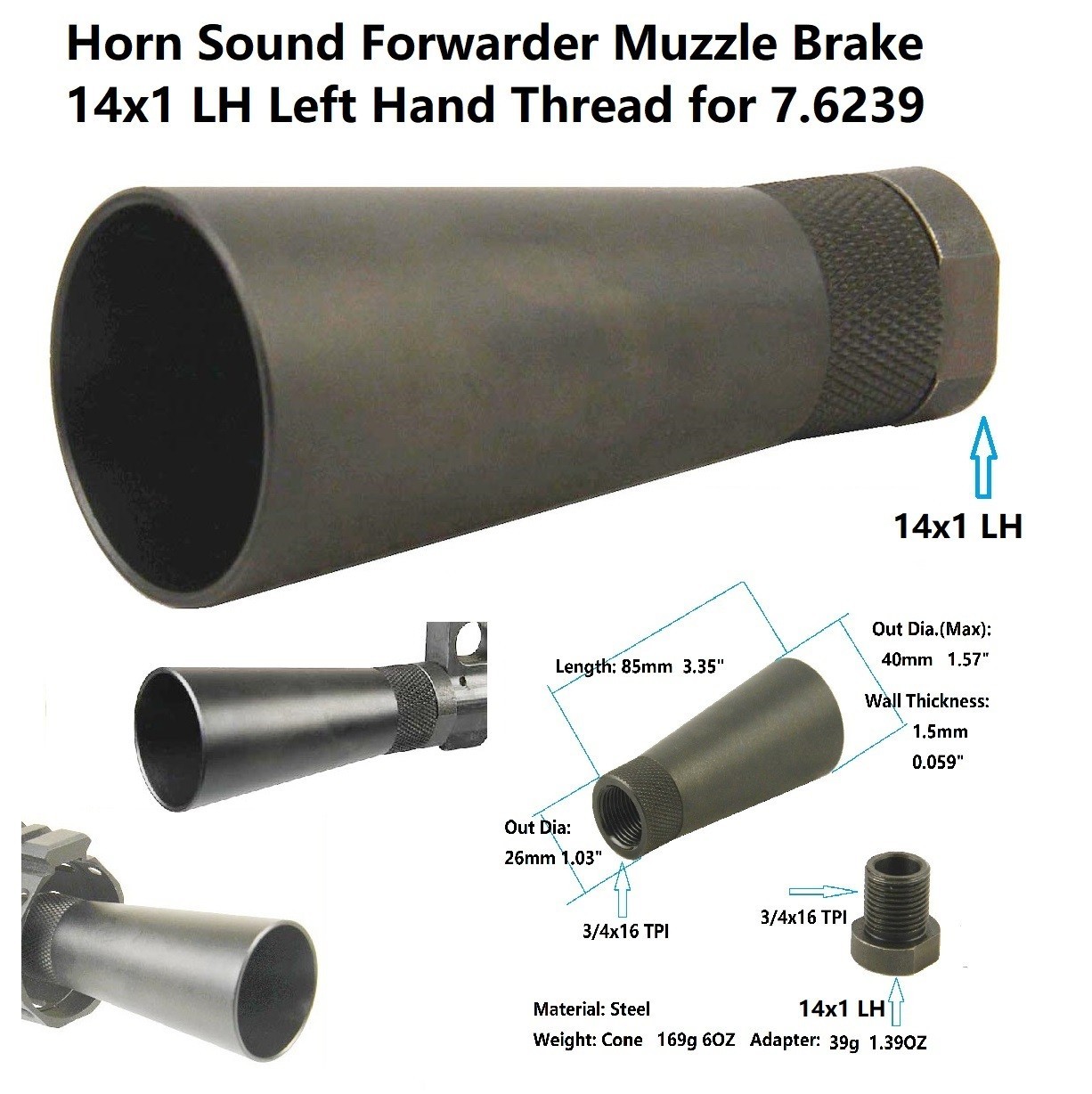 Steel 14x1 LH Horn Shape Sound Forwarder Muzzle Brake For 7.62x39