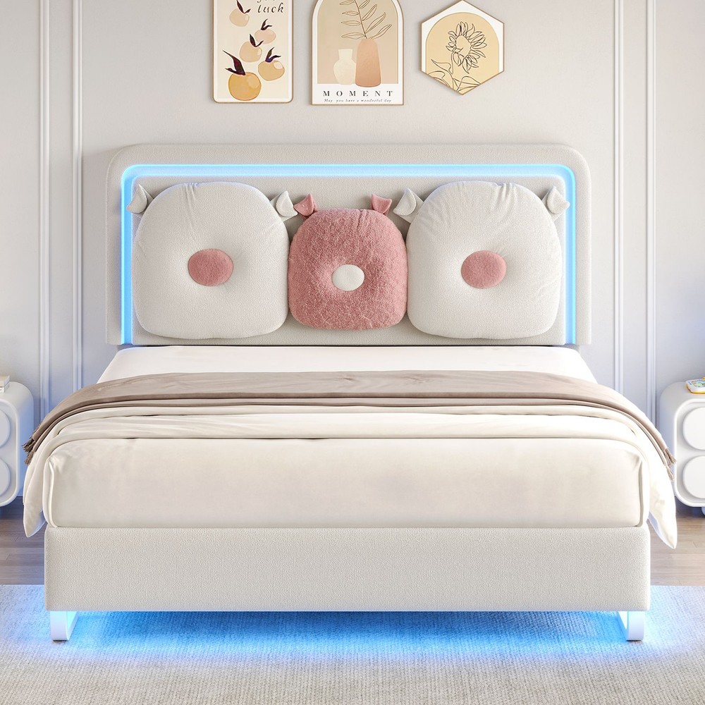 Easy Assembly Upholstered Beige Bed Adjustable Headboad With LED Light