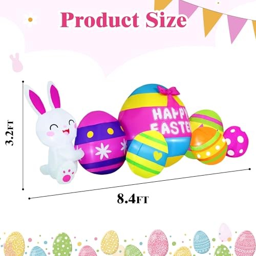 8.4FT Long Easter Inflatables with 3.2FT Adorable Bunny & Easter Colorful Eggs