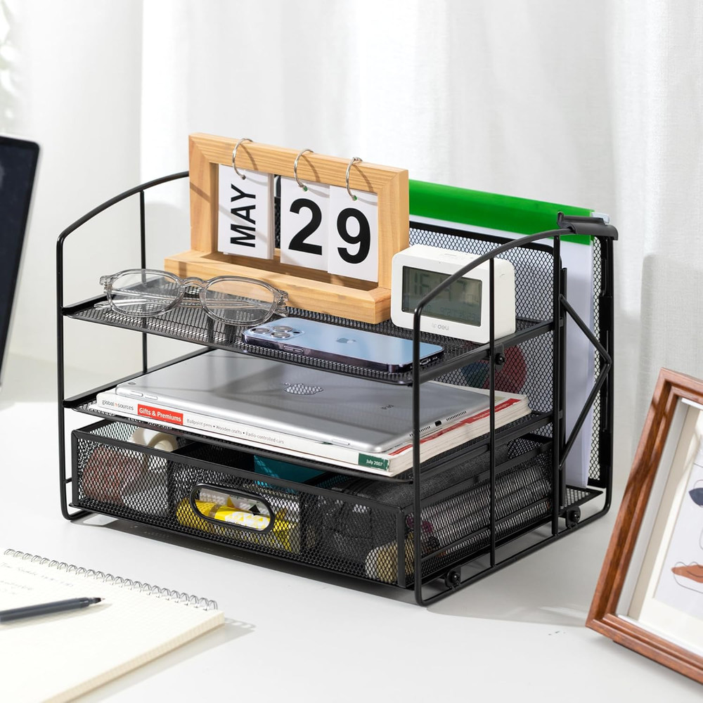 Sturdy Rectangular Desktop Organizer with 3 Trays, Sliding Drawer and Hanging Fi