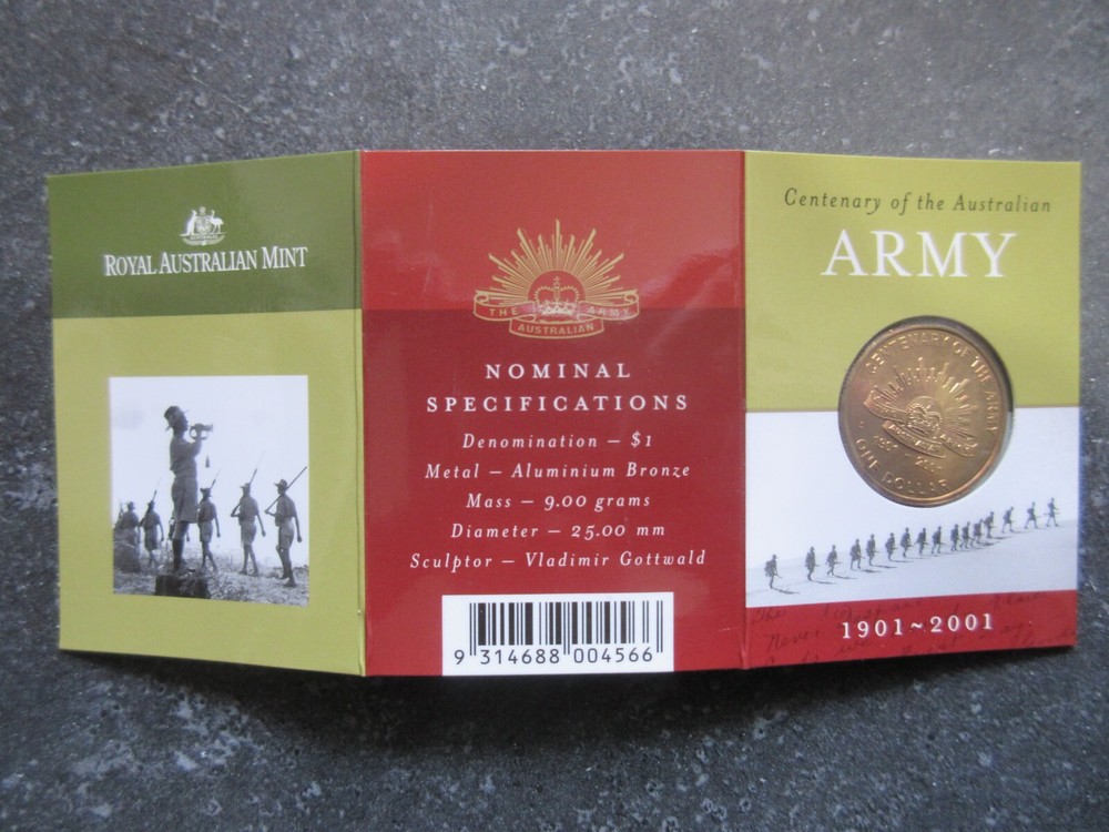 2001 Australia Commemorative Dollar in Folder ARMY S Mintmark