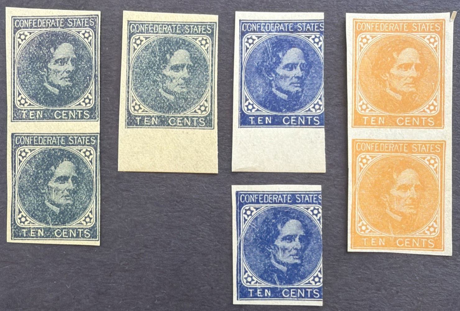 Confederate States CSA 1862 Lot of 7 De La Rue Private Printing Stamps 10c Plate