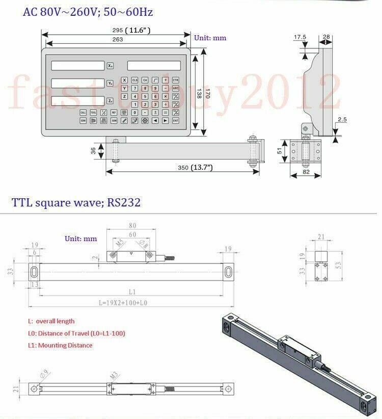 2 Axis Digital Readout DRO &2 TTL Linear Glass Scale Encoder for milling CNC