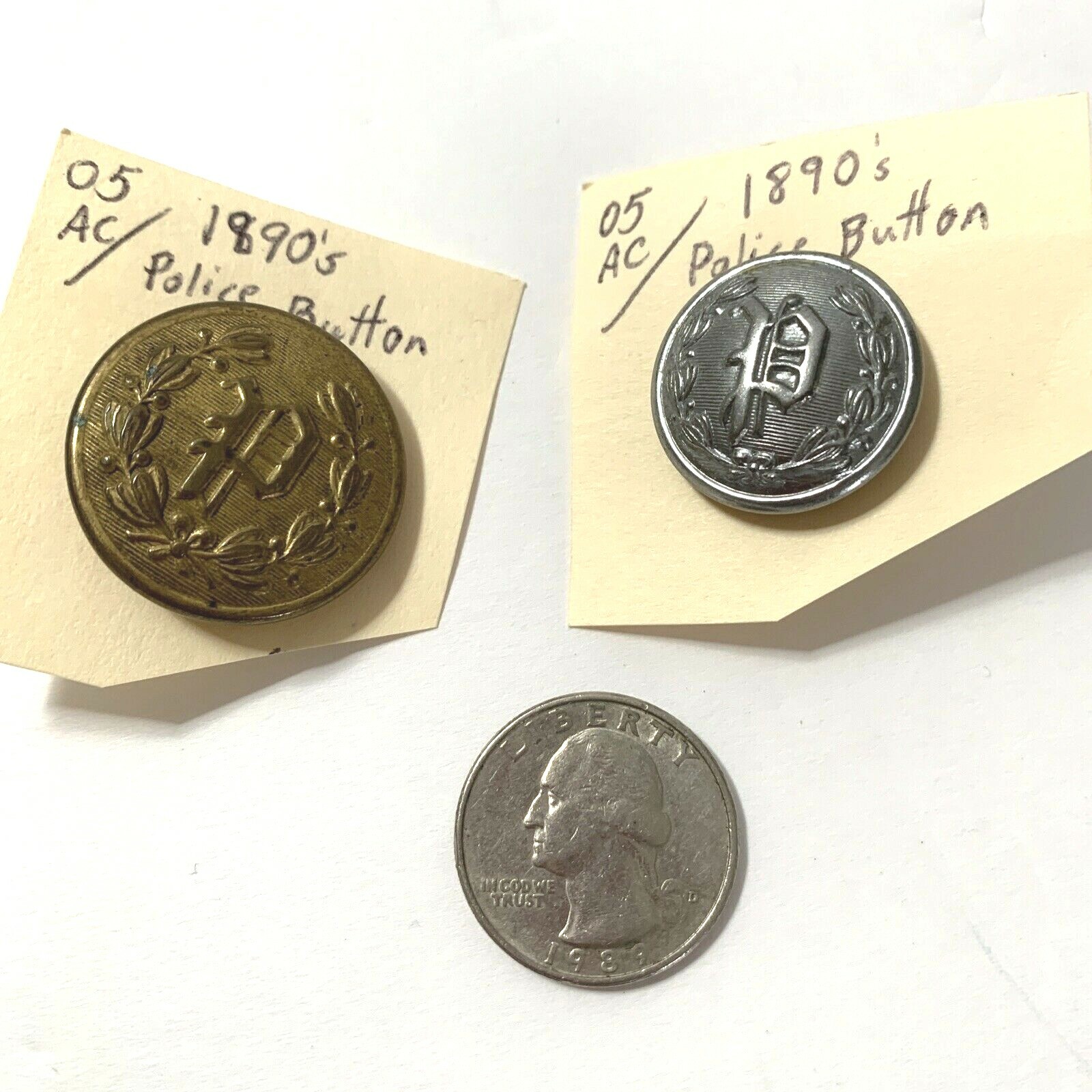 Police Button Vintage Collectible 1890 1 Gold 1 Silver Quality Police Button