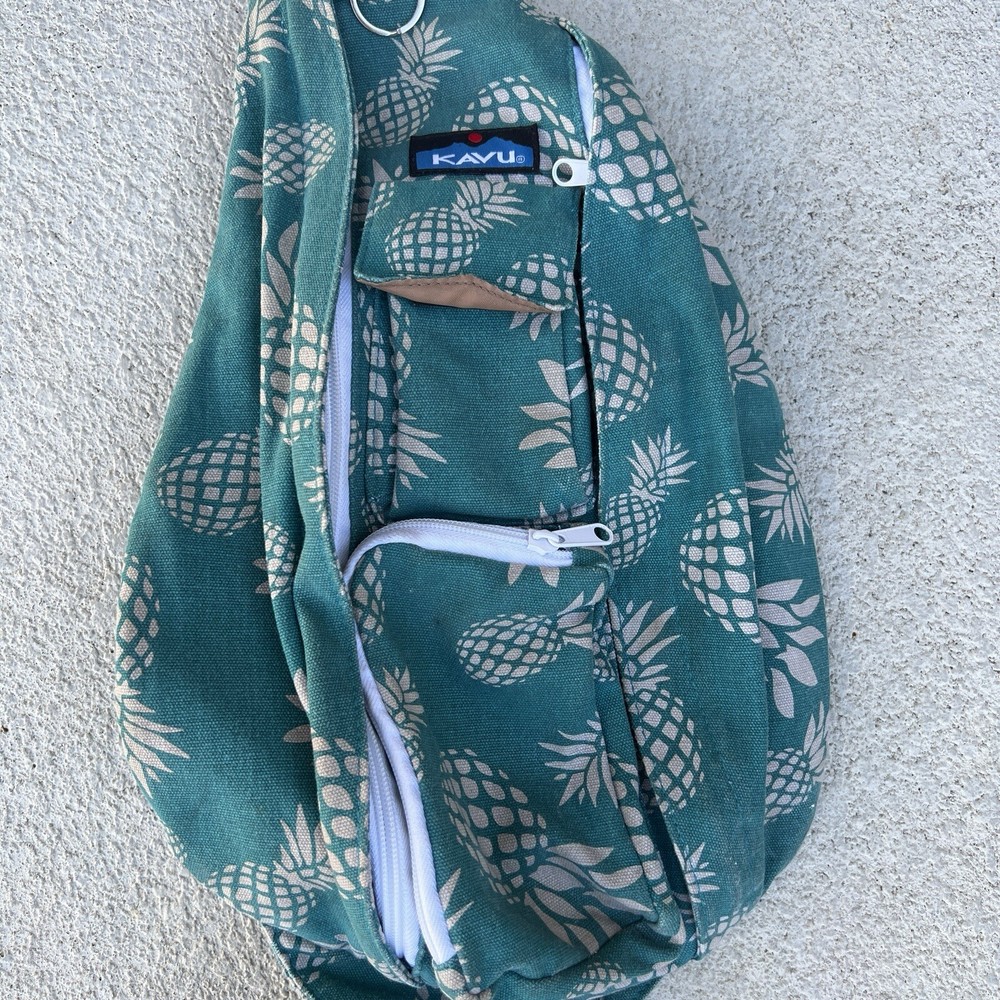 Kavu Mini Rope Sling Bag Backpack Teal With Pineapples