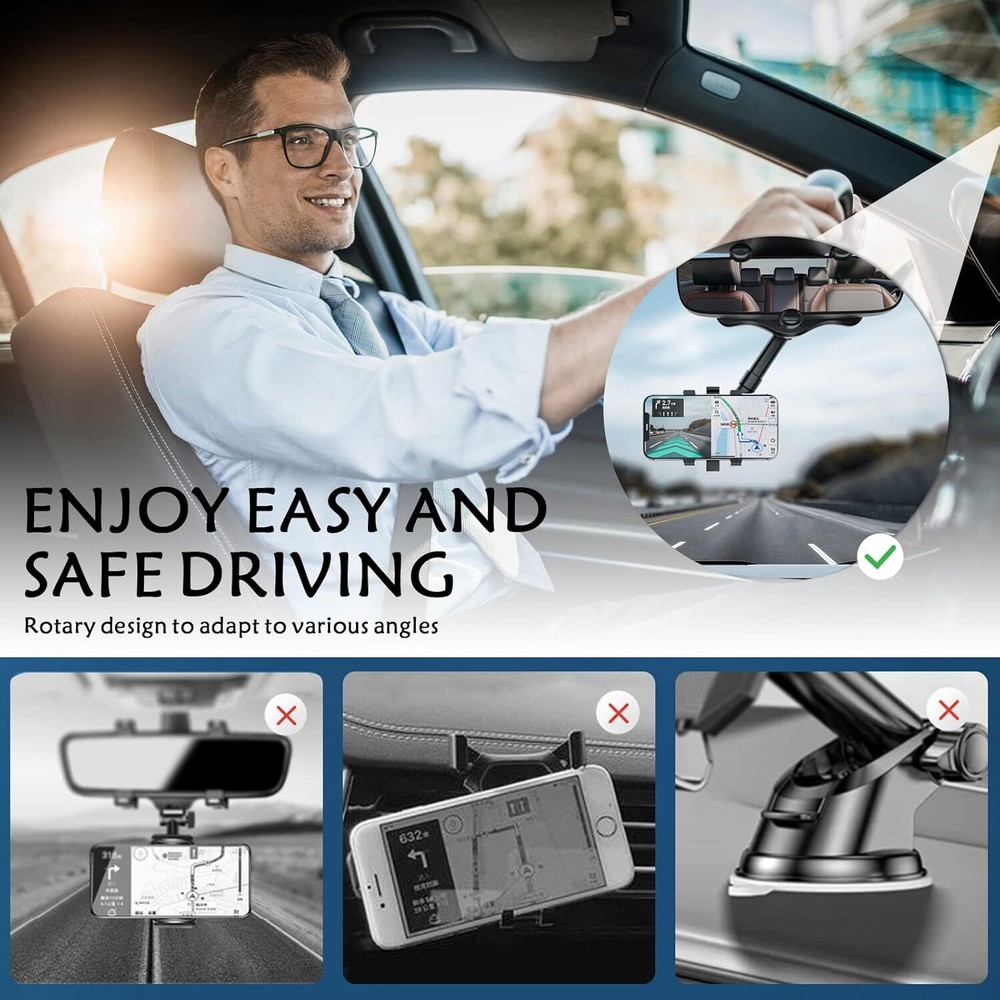 360° Rotatable And Retractable Multifunctional Rearview Mirror Car Phone Holder