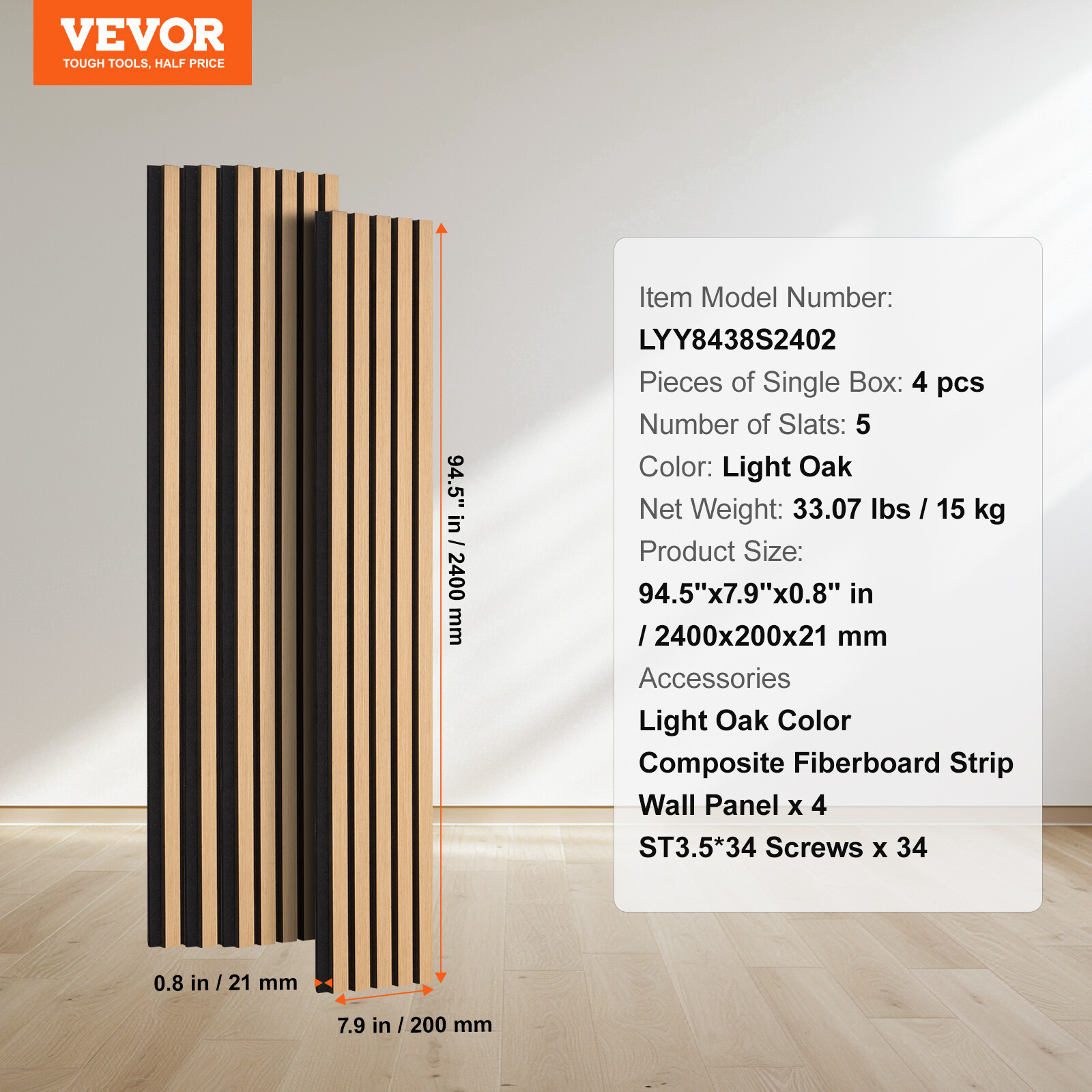 4 Pcs Acoustic Wood Wall Slat Panels 7.9"x94.5" Sound Absorbing Modern Light Oak
