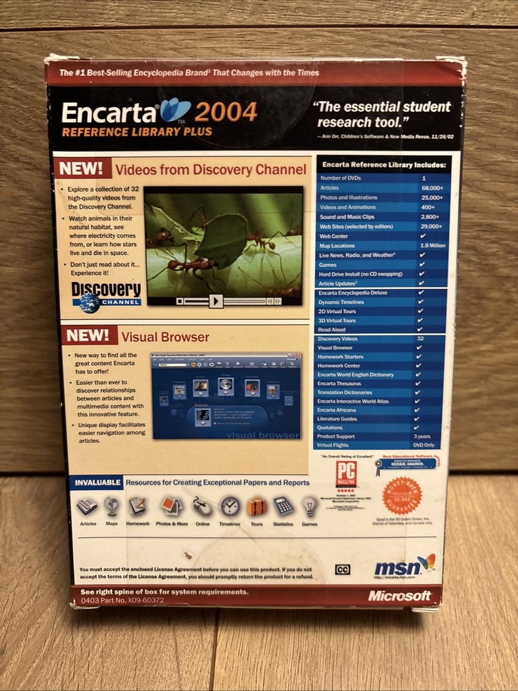 Microsoft Encarta 2004 Reference Library Plus DVD Windows XP New Sealed Box
