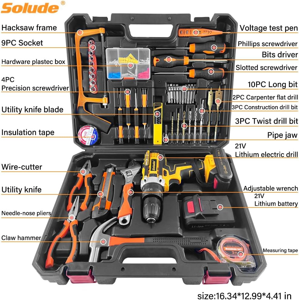 Tool Set with Drill,21V Cordless Power Drill Tool Box with 2 Battery,Electric Dr