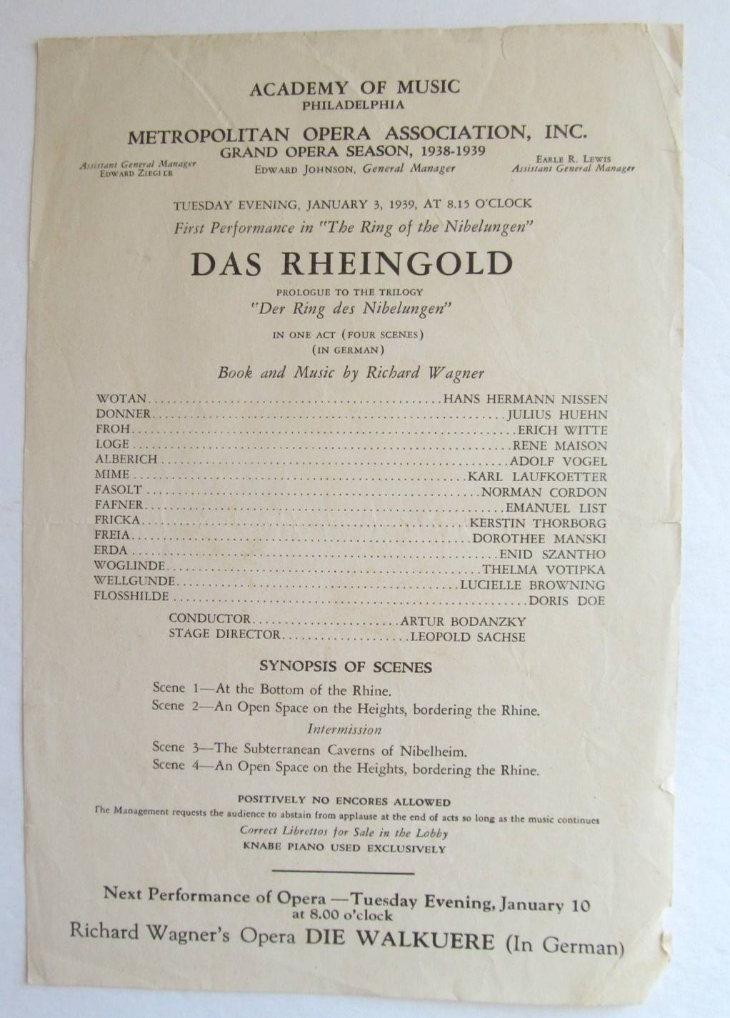 Program - Das Rheingold- 1939- Metropolitan Opera Philadelphia - Nissen, Vogel