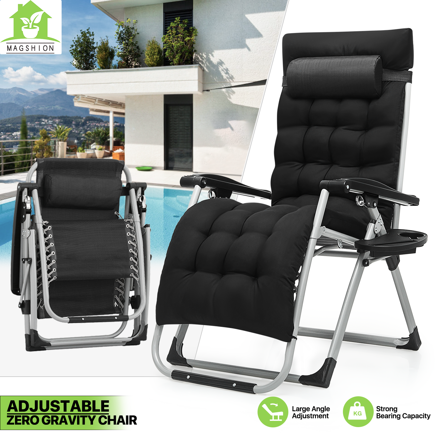 Foldable Outdoor Zero Gravity Chair Recliner Lounge Chaise w/Detachable Cushion