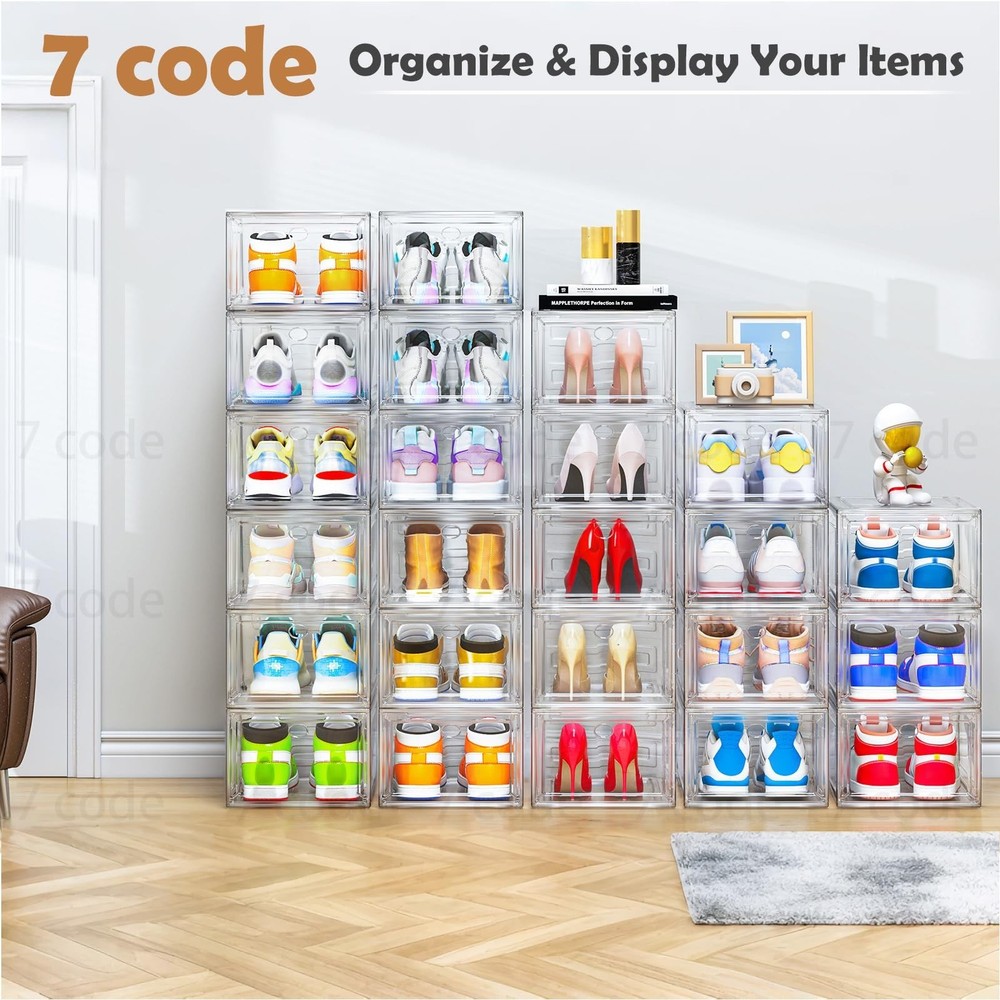 Thickened Clear Shoe Storage Organizer with Magnetic Door, Sturdy Stackable S...