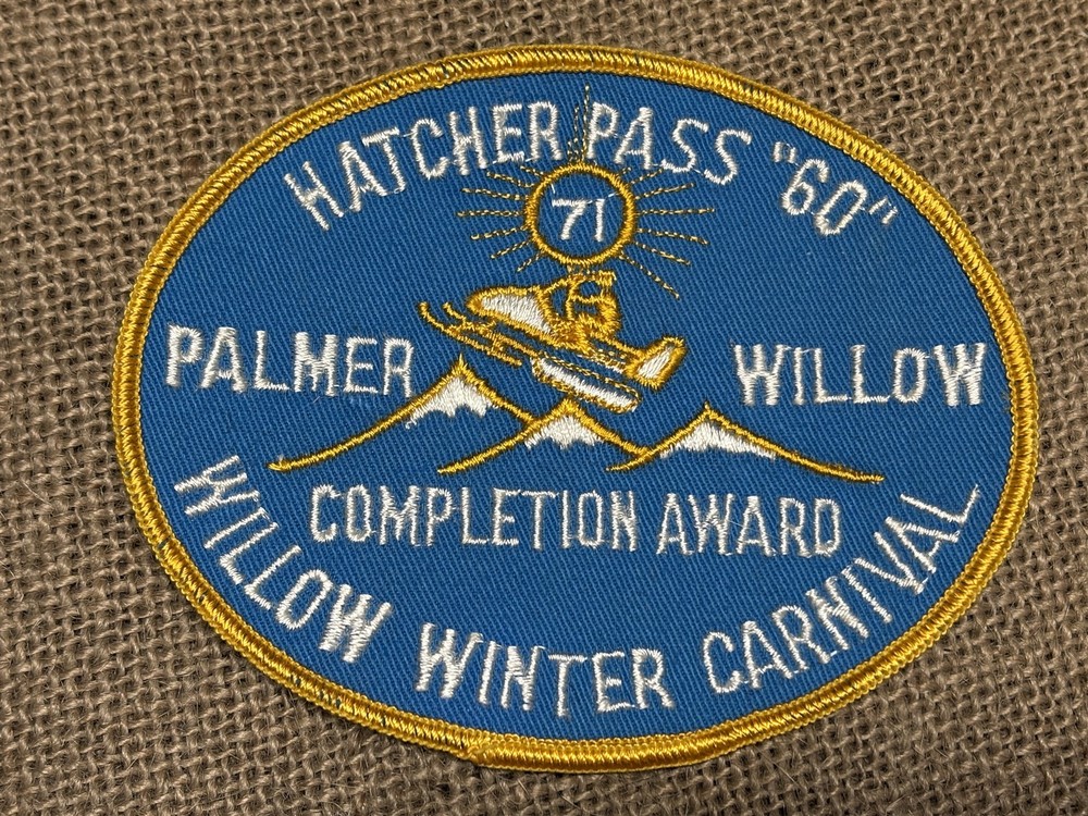 1971 snowmobile patch Hatcher Pass "60", Palmer, Willow, Alaska, snowmobiling