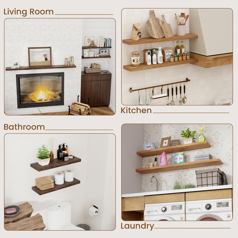 Floating Shelves for Wall Decor, 8" Deep Rustic Solid Elm Wood Floating Shelv...