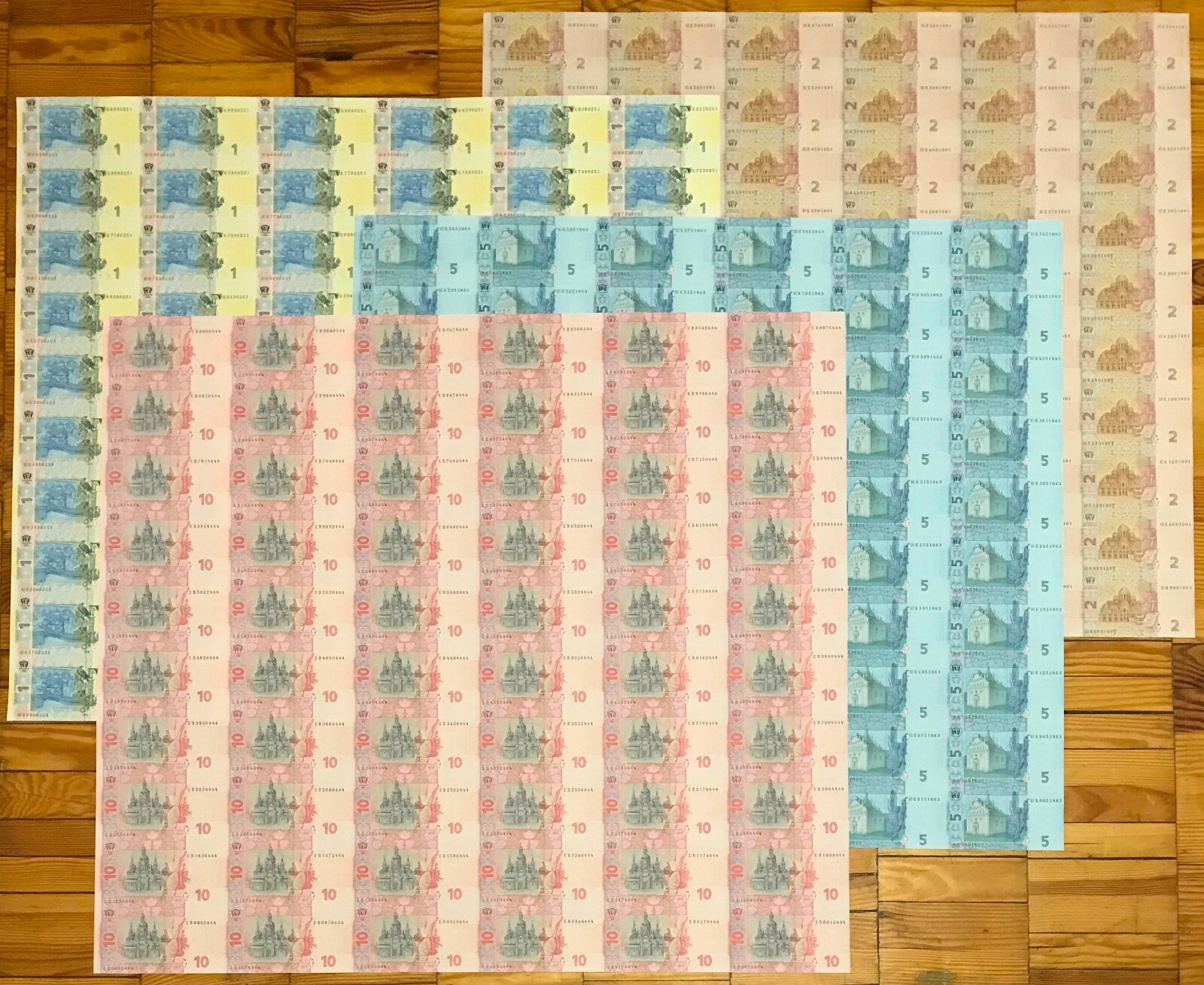 Ukraine, Complete SET of Full (Whole) UNCUT SHEETS x 60 PCS, 1 - 10 Hryven - UNC