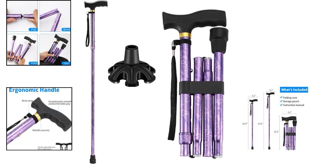 Elegant & Functional Folding Cane - Supports 330 lbs, Adjustable Height Options