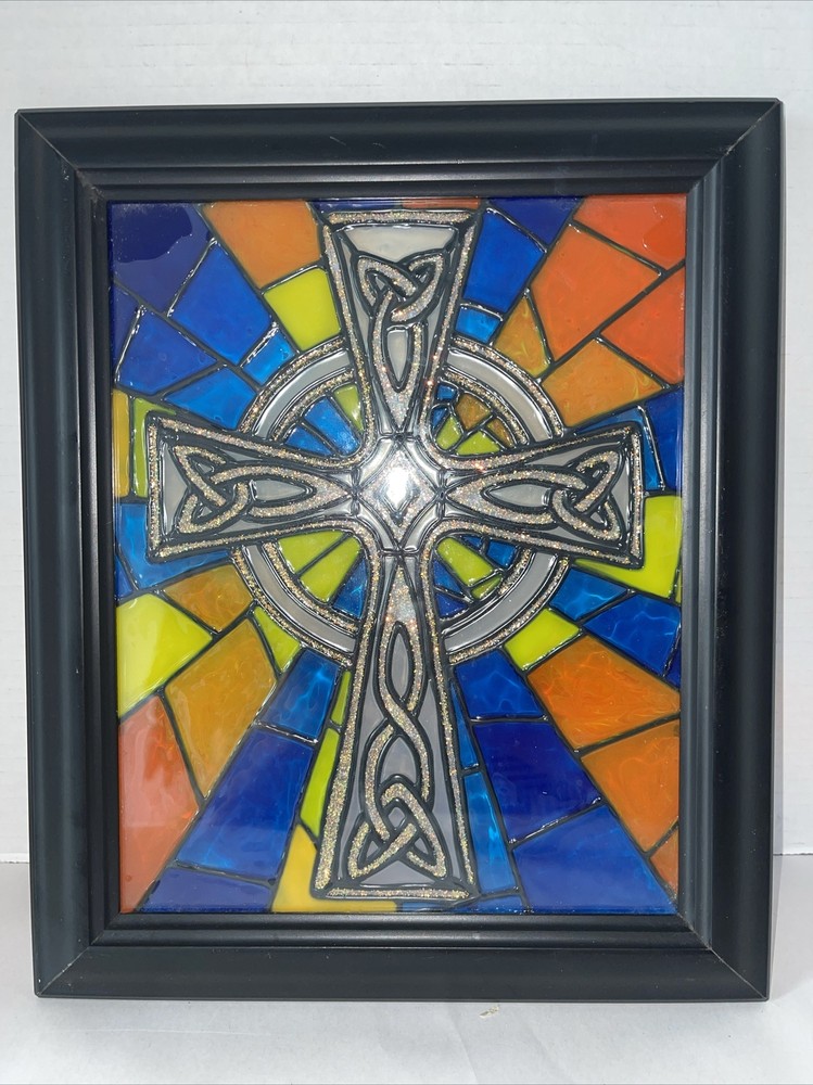 Celtic Cross Stained Glass Window Panel Rectangular Mid-Century Framed 10x12”