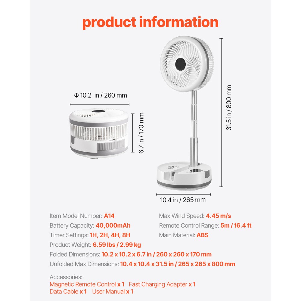 10" Foldable Oscillating Fan with Remote, 9 Speed, Rechargeable, Adjustable