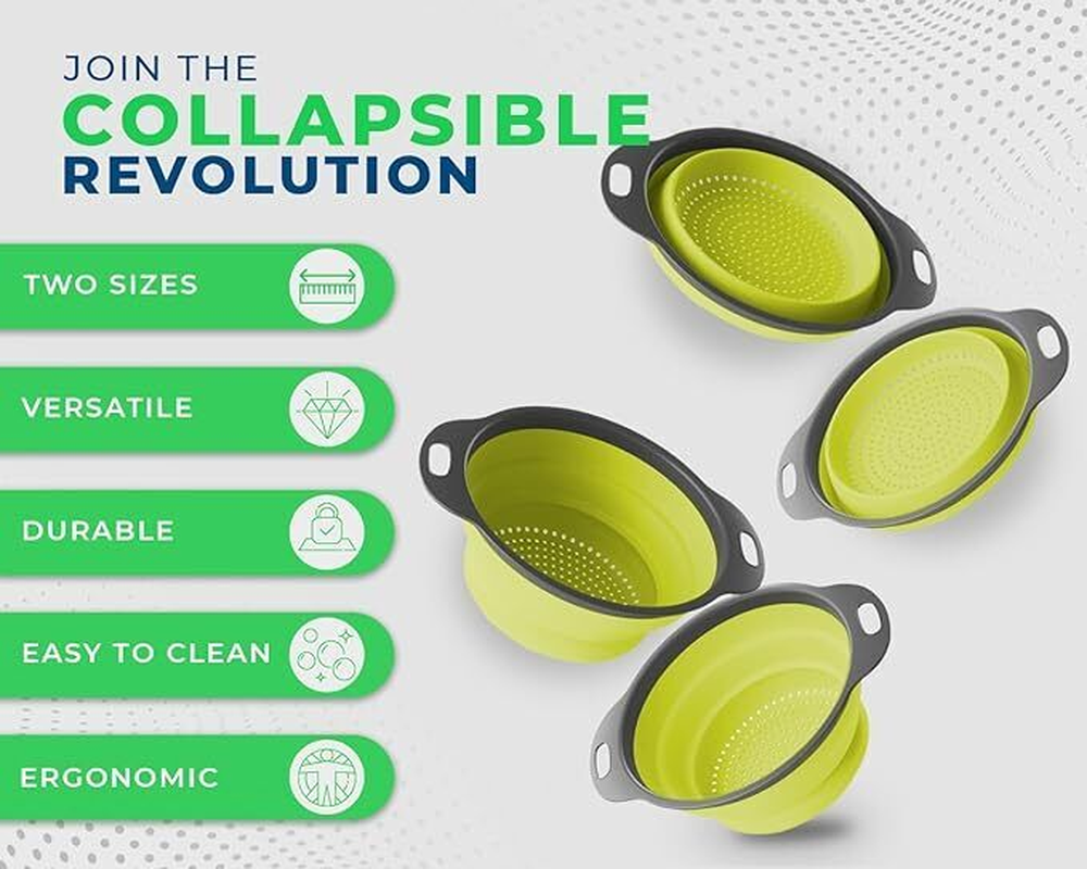 Collapsible Colanders, Space-Saving Food-Grade Silicone Strainers (Green)