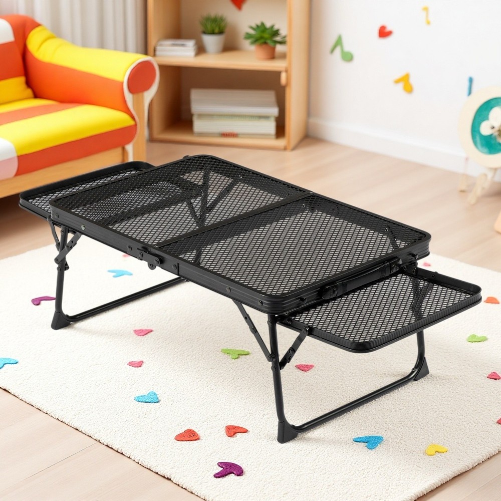 3ft Folding Camping Wire Mesh Table - Side Wings Adjustable Aluminum Frame Black
