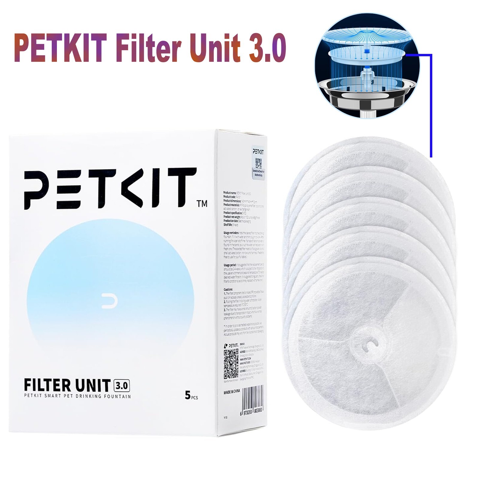 PETKIT 5 PCS Replaced Water Filters Unit 3.0 for EverSweet Water Fountain