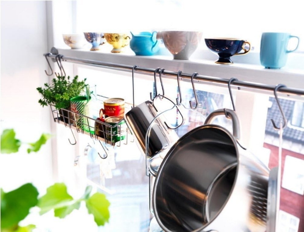 Steel Kitchen Organizer Set 2 Rails & 20 Hooks Silver