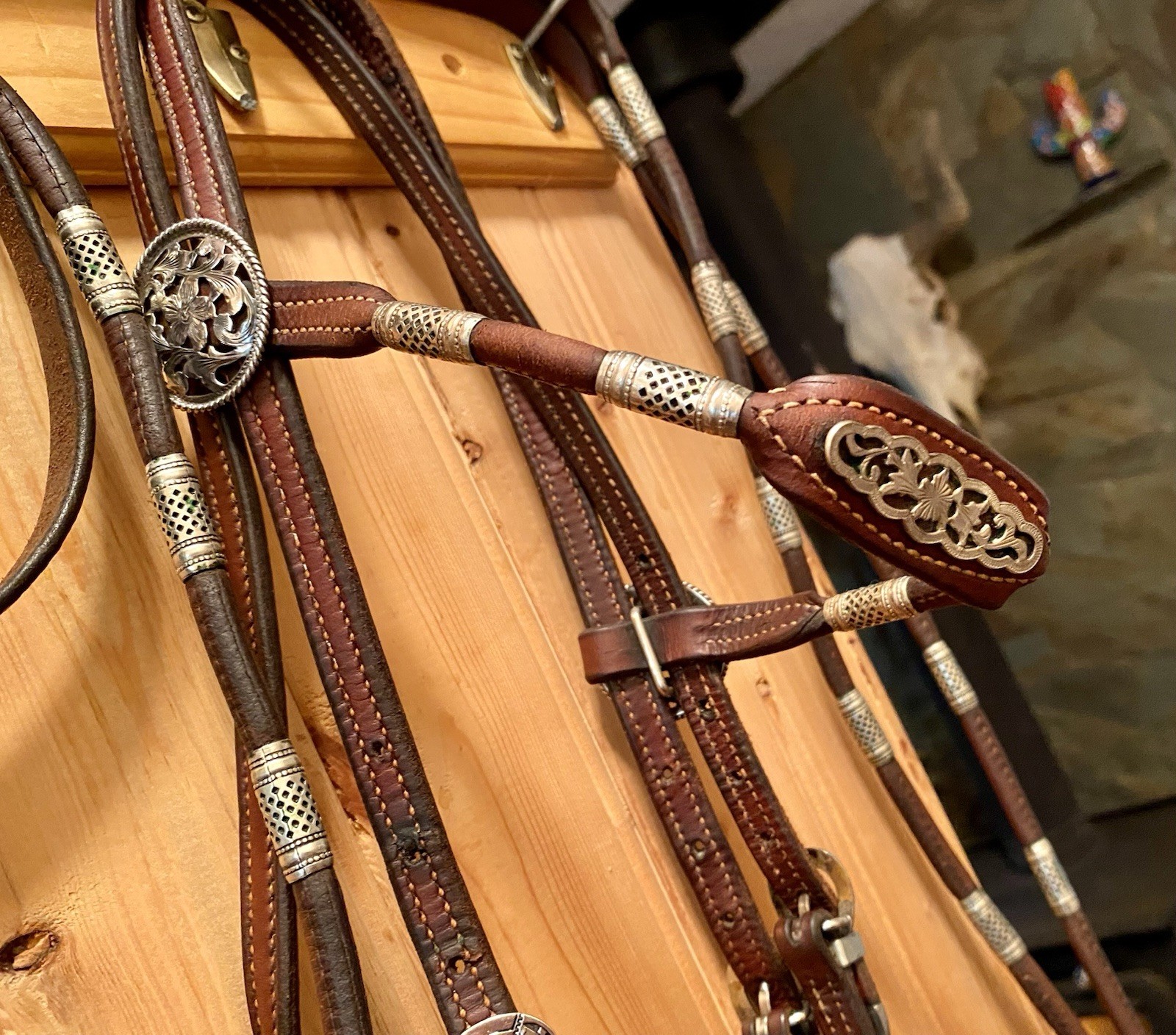 Vntg Poco Western Bridle & Romel Reins Silver Ferrule Fleming Filigree Sterling