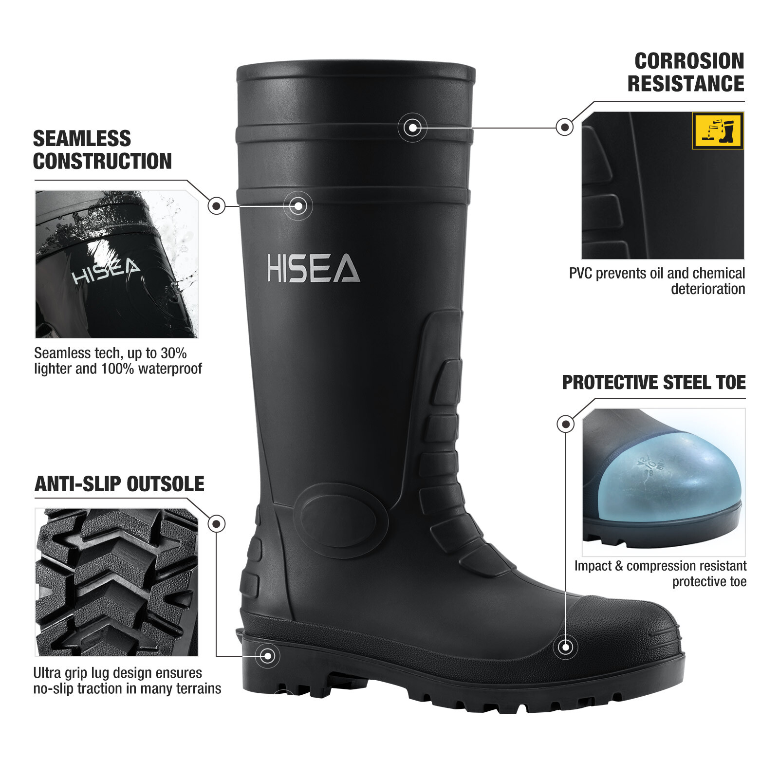 HISEA Men Steel Toe Rain Boots Waterproof Fishing Hunting Garden Mud Work Boots