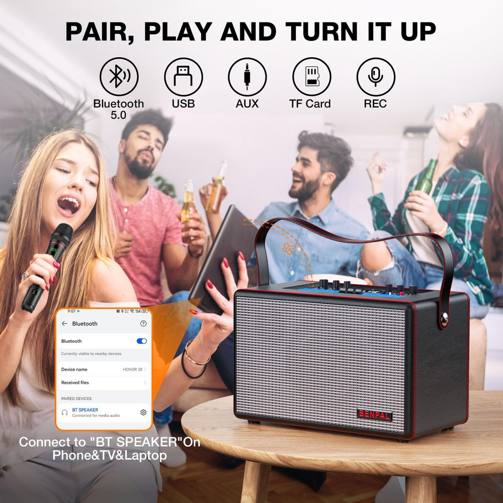 Karaoke Machine with Two Wireless Microphones, Portable Bluetooth Speaker-New!!!