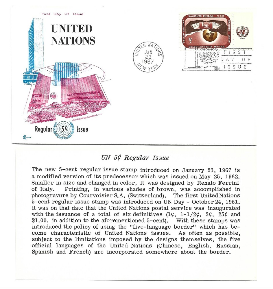 UN NY 167 5c Definitive with MI tab singleton, Cover Craft Cachets, CCC, FDC