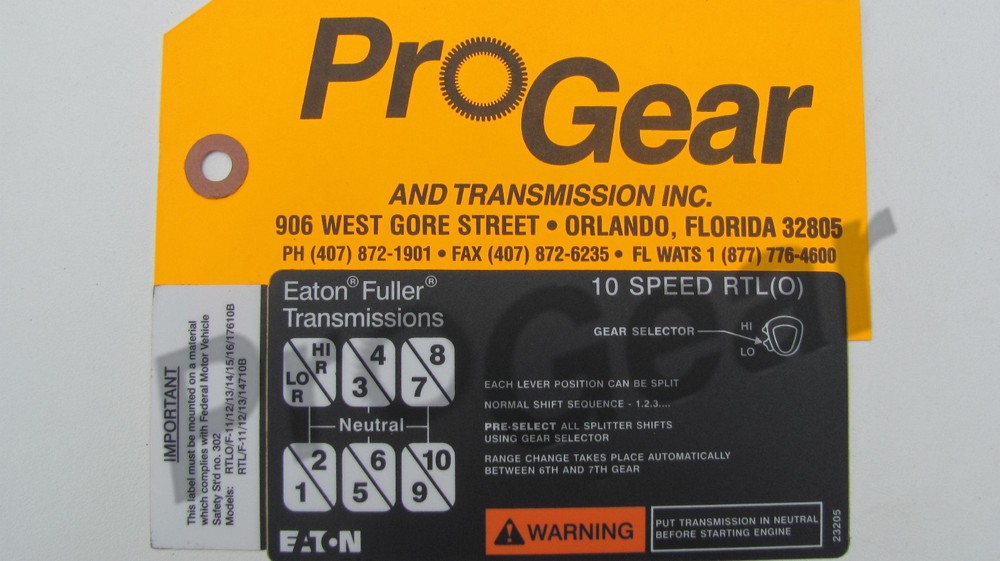 Eaton Fuller SUPER 10 Transmission Shift Pattern label 23205