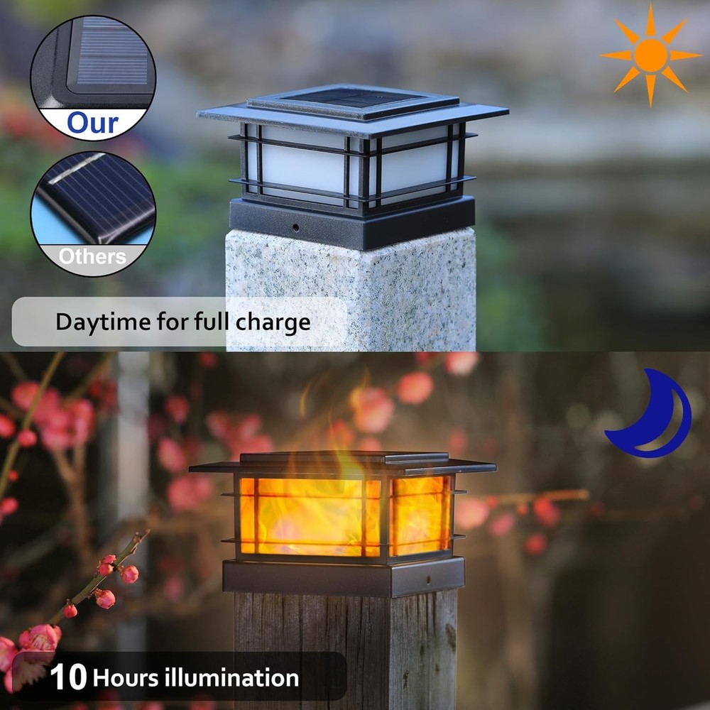 Dynaming 2 Pack Solar Post Cap Lights 2 Flickering Flame Lights, Black
