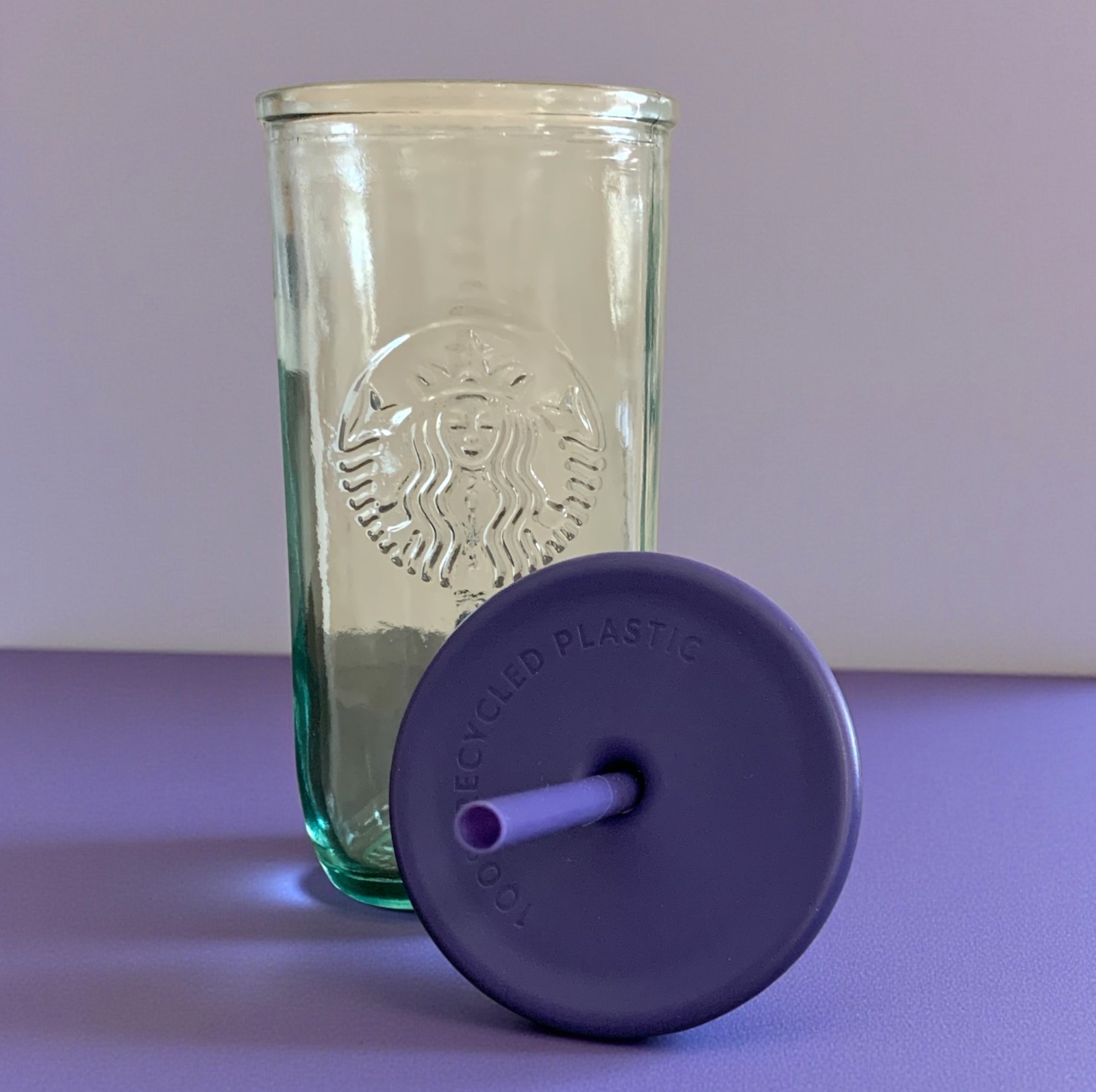 Starbucks Recycled Glass Triangle Bottom Purple Lid Cold Cup Tumbler 16oz Grande