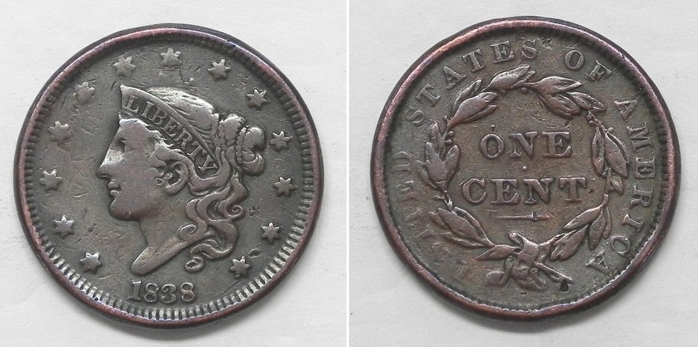 X6027  1838 Coronet Head Large Cent, Fine