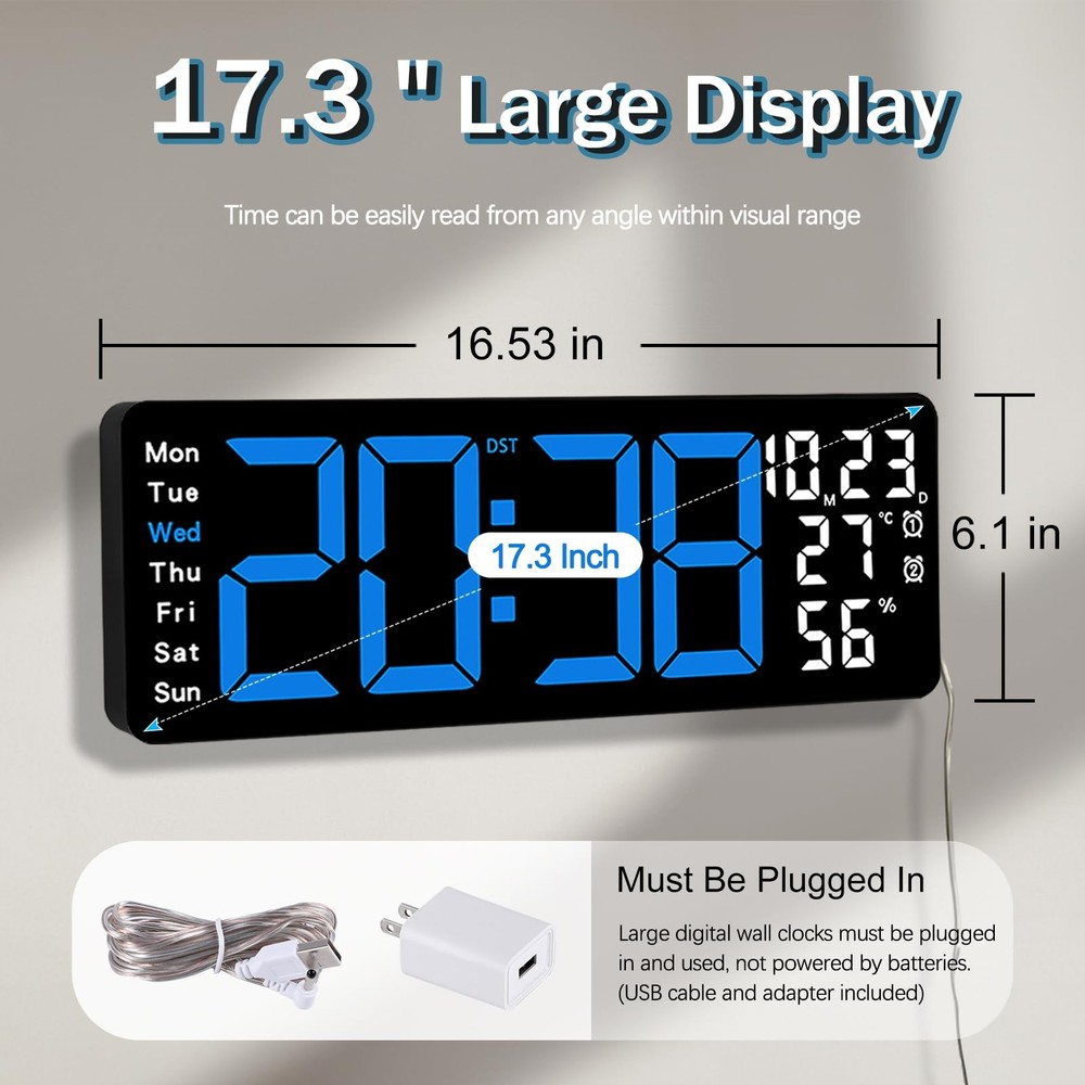 17.3" Large Digital Wall Clock, LED Digital Clock Large Display with Remote C...