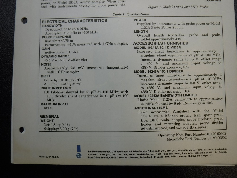 HP 500 MHz Probe Model 1120A Operating Note