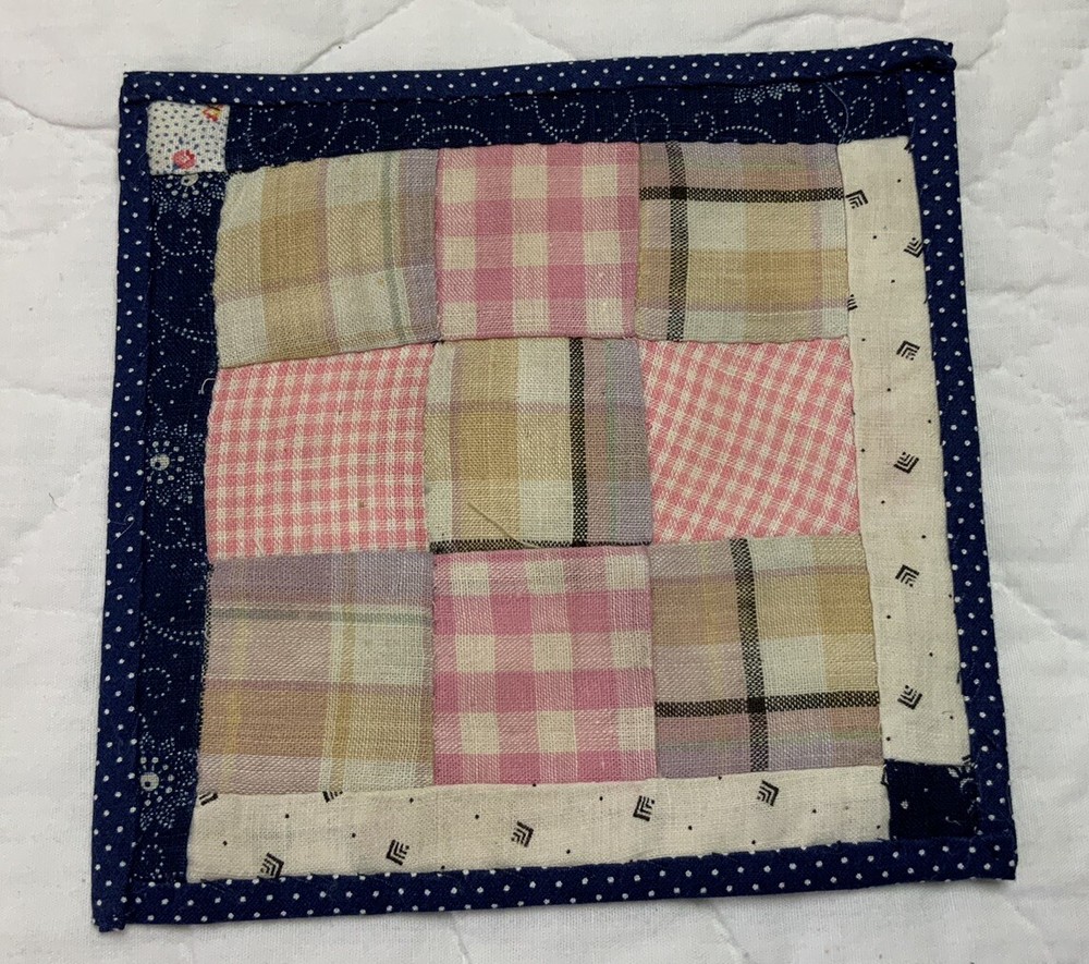 Antique Vintage Patchwork Quilt Table Topper, Nine Patch, Early, Pink, Multi